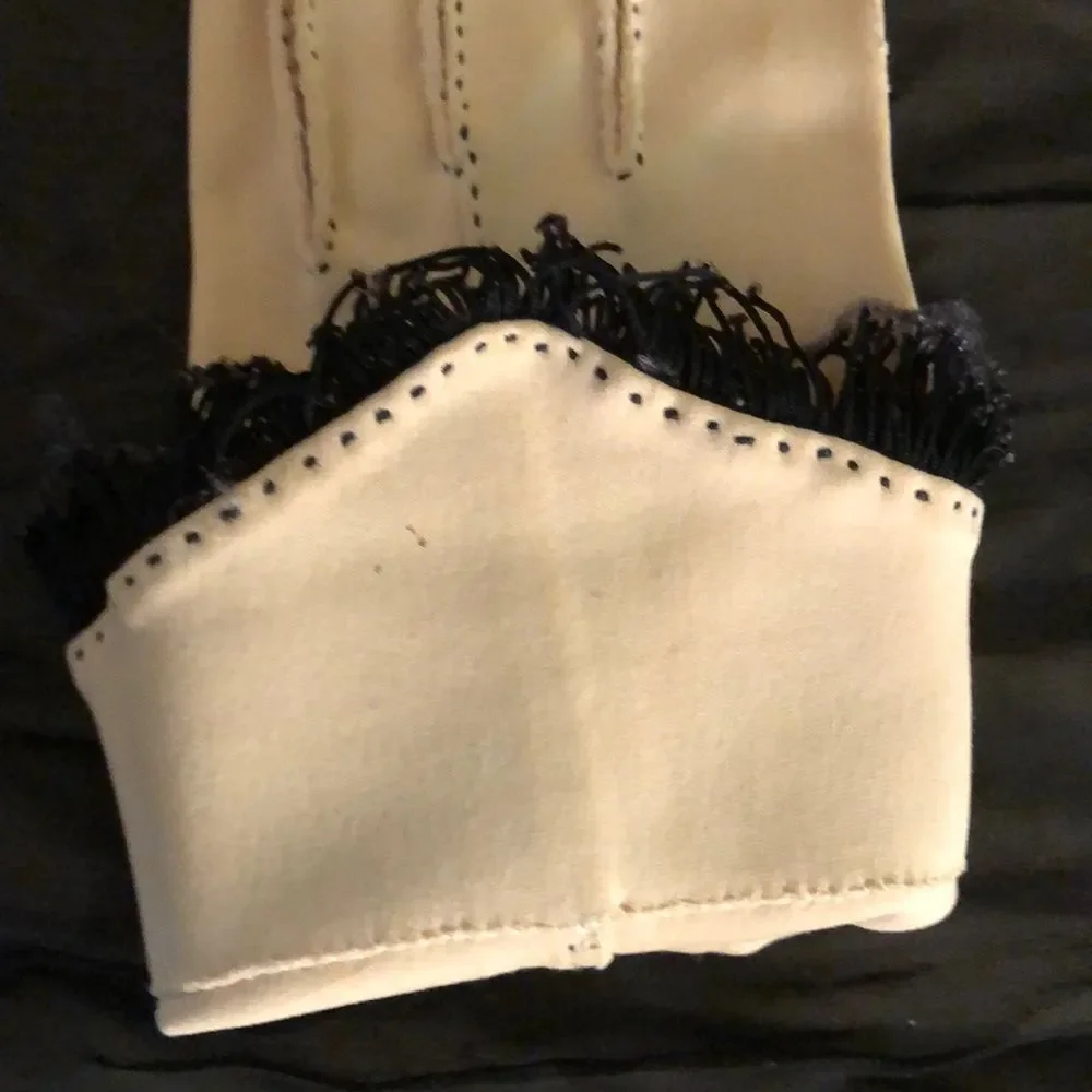 Vintage Ladies Cream Gloves Black Fringe Small